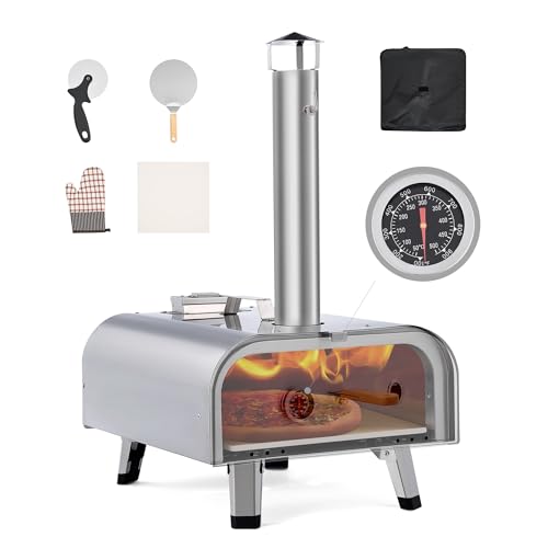 CO-Z 12 Inch Portable Pizza Stove, Camping Pizza Oven Wood Fired, Outdoor Wood Pellet Pizza Oven with Thermometer, Outside Pizza Maker Wood Burning with Pizza Stone & Peel Cutter & Storage Bag