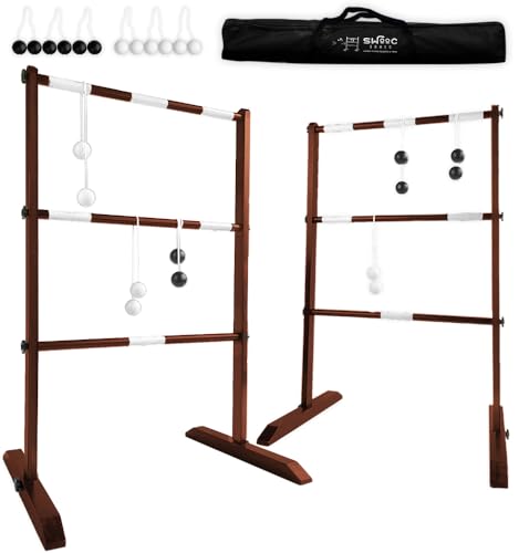 SWOOC Games - Wooden Ladder Ball Game Set (Weather Resistant) - 10 Games Included & Carrying Case - Easy, No Tool Asssembly - Ladder Toss Outdoor Game - Hillbilly Golf Backyard Games - Yard Games