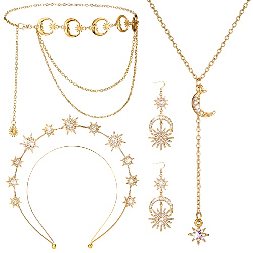 Glenmal 4 Pieces Crown Moon Stars Necklaces and Metal Body Chain Crown Drop Earrings Set Headband Tiaras and Crowns for Women Boho Bridal Wedding (Gold)