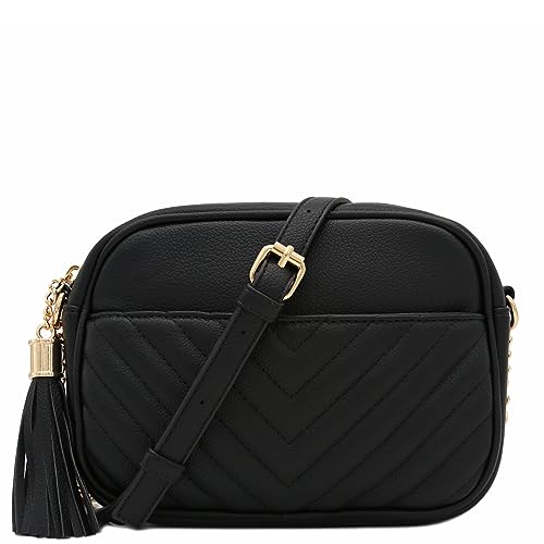 FashionPuzzle Chevron Quilted Crossbody Camera Bag with Chain Strap and Tassel (Black) One Size