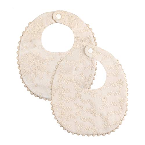 GZMM Baby Bib For Girls,Reversible Waterproof Handmade Natural Cotton Baby Drool Bib 0-12 months 2 Pack (off-white color, 0-12 months)