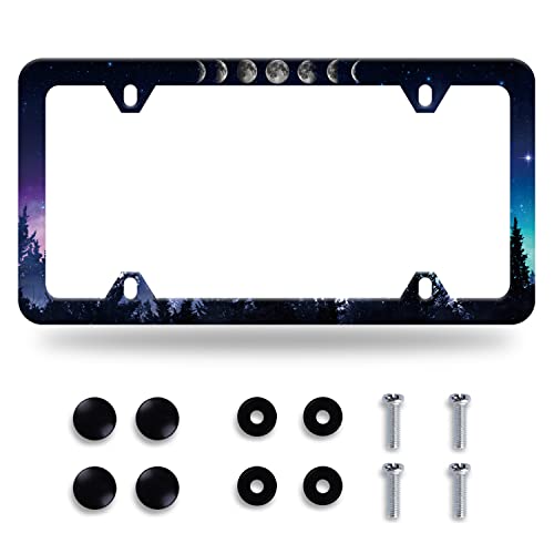 Moon License Plate Frame Starry Sky Moon Phases License Plate Cover Stainless Steel Car Accessory Rustproof Personalize Funny License Plate Holes Screws Decorative 12.3' X 6.3' for Women Men Gifts