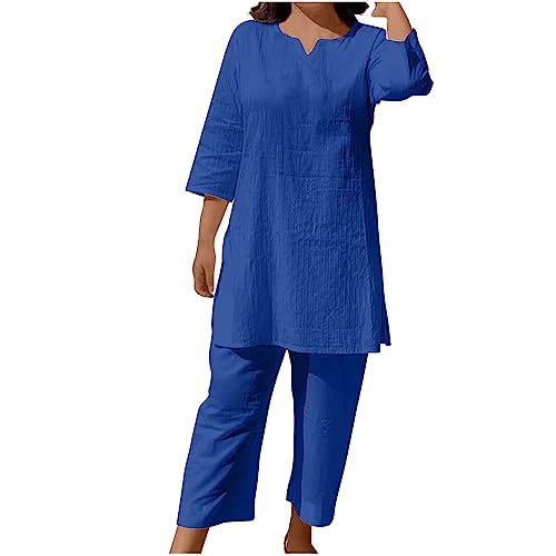 Two Piece Outfits for Women Sets Trendy Commuting Ethnic Style Tops High Waisted Long Pants Tracksuit Leisure Sets,Blue,4X-Large
