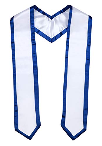 Newrara Deluxe Unisex Adult Plain Graduation Honor Stole Sash with Trim 72' Long (White + Royal Blue Trim)