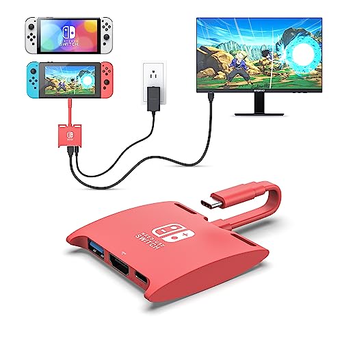 MANMUVIMO Switch Dock for Nintendo Switch/OLED, Portable TV Dock Charging Station with HDMI USB 3.0 Port and 100W Fast Charging, USB C to HDMI Mini Travel Dock Adapter for TV, MacBook, Samsung(Red)