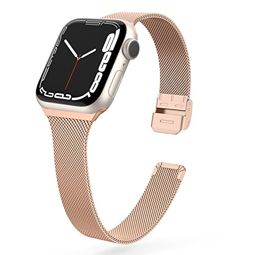 SWEES Compatible with Apple Watch Bands 41mm 38mm 40mm 42mm 44mm 45mm, Stainless Steel Metal Narrow Slim Thin Replacement Compatible for iWatch Series 9 8 7 6 5 4 3 2 1 SE Women, Rose Gold