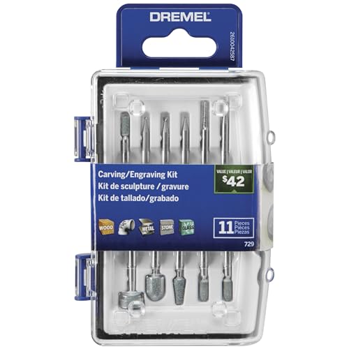 Dremel 729-01 Carving & Engraving Rotary Tool Accessories Kit, 11-Piece Assorted Set - Perfect for Use On Wood, Metal, and Glass, Gray
