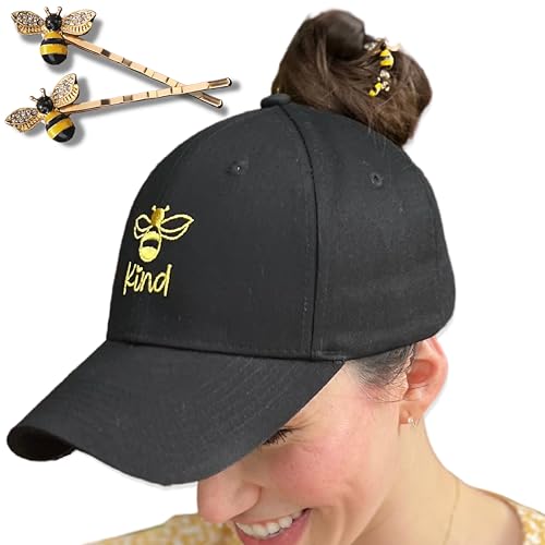 GIFTGET Bee Kind Messy Bun High Ponytail Hat w/ 2 Honey Bee Hair Pins - Hive Bumble Bee Accessories - Crazy hat for Adults - Silly Hat - Crazy Hair Day - Bee Themed Gifts for Women Black
