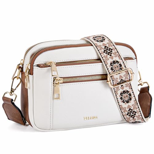 Telena Crossbody Purse for Women Small Crossbody Bags Trendy Vegan Leather with Adjustable Shoulder Strap Beige with Brown