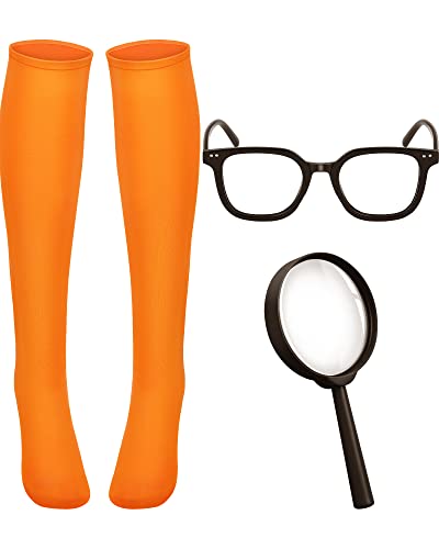 Jecery 3 Pcs Halloween Deluxe Adult Costume Athletic Compression Socks Plastic Magnifying Glass Nerd Costume Glasses for Adults, Multicolored