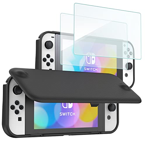 ProCase Flip Cover for Nintendo Switch OLED with 2 Pack Tempered Glass Screen Protectors, Slim Protective Case with Magnetically Detachable Front Cover for Nintendo Switch OLED 2021 -Black