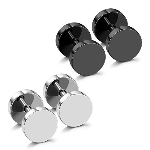 JewelrieShop Black Faux Gauges Plugs Earrings for Men Stainless Steel Dot Disc Studs Circle Flat Back Cheater Tunnel Dumbbell Earrings Women(18 Gauges,2 Pairs,7mm,Black and Silver)