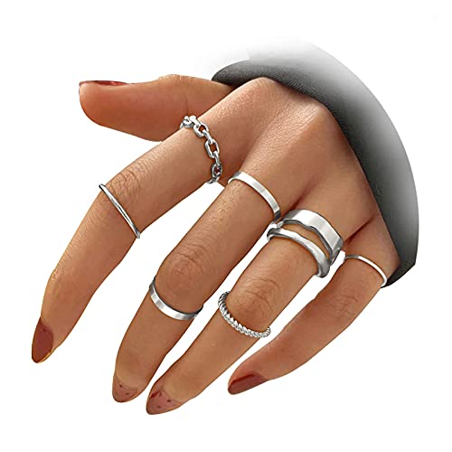 FAXHION Gold Knuckle Rings Set for Women Girls Snake Chain Stacking Ring Vintage BOHO Midi Rings SIze Mixed (Silver Color)