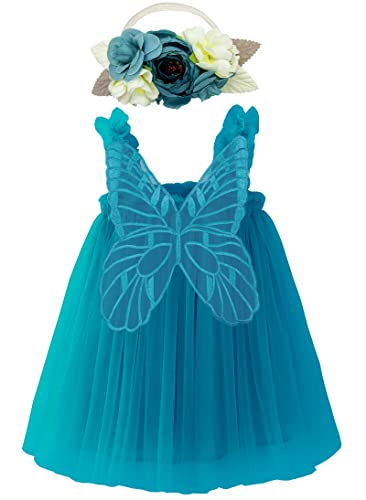 BGFKS Layered Butterfly Tulle Tutu Dress for Baby Girls,Toddler Girl Princess Dress with Flower Headband(Peacock Blue,12 Months)