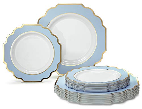 ' OCCASIONS ' 50 Plates Pack (25 Guests)-Heavyweight Wedding Party Disposable Plastic Plate Set -(25x10.5'' Dinner + 25x8'' Salad/dessert (Imperial in White/Blue & Gold)