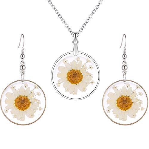 FM FM42 Dried Pressed White Daisy & White Queen Anne's Lace Flowers 1.14' Round Circle Dangle Earrings & Pendant Necklace Jewelry Set