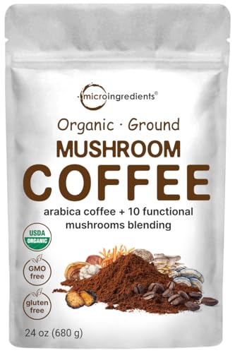 Micro Ingredients Organic 10 in 1 Ground Mushroom Coffee, 24 Ounce | Premium Arabica Coffee with Lion's Mane, Chaga, Reishi, & More | Smooth Medium Roast, Clean Energy, & Immune Support