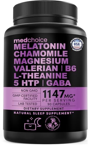 12-in-1 Melatonin Capsules - Melatonin 5mg Natural Sleep Aids for Adults - Magnesium Glycinate 500mg, Ashwagandha, L Theanine, Valerian Root, GABA, 5-HTP, Sleep Supplement for Adults, Pack of 1