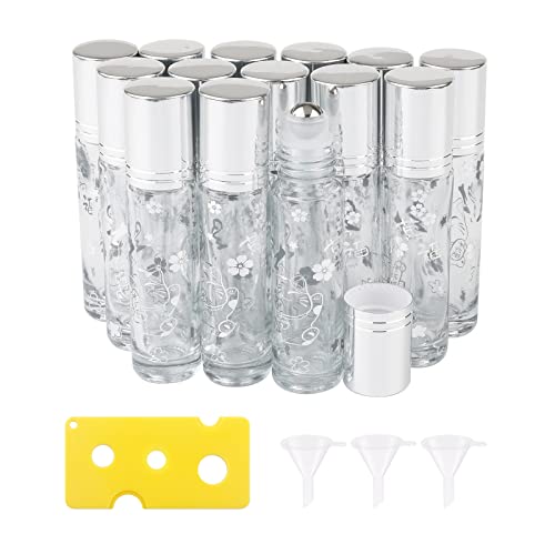 Newzoll 14Pcs Glass Roller Bottles, 10ml Thick Glass Roll on Bottles Lucky Cat Massage Glass Roller Vials Tubes Containers for Essential Oil Perfumes Aromatherapy Lip Balms, Silver