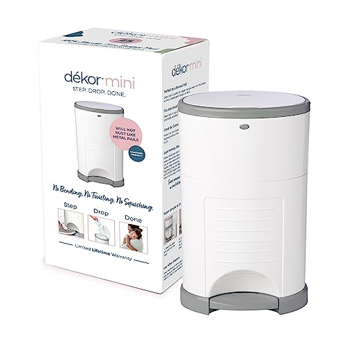 Diaper Dekor Mini Hands-Free Diaper Pail | White | Easiest to Use | Just Step – Drop – Done | Doesn’t Absorb Odors | 20 Second Bag Change | Most Economical Refill System