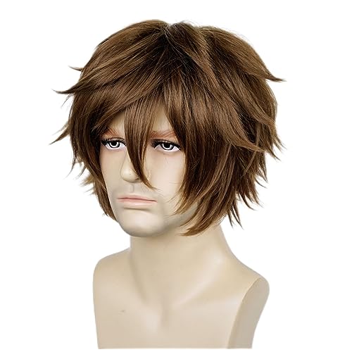 Alacos Short Spiky Dark Brown Anime Cosplay Wig for Halloween Christmas Carnival Dress Up Pretend Play Party+Wig Cap