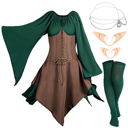 Eurzom Medieval Fairy Costume Set Women's Renaissance Dress Elf Girls Cosplay Accessories Rhinestone Drop Headpiece Elf Ears (Green, Coffee, Small)