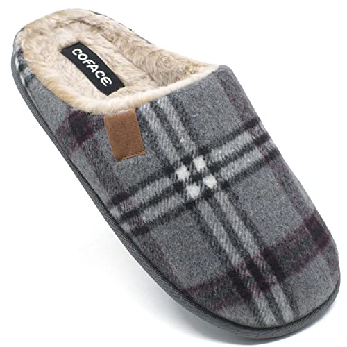COFACE Mens Grey Flano Plaid Cozy Memory Foam Scuff Slippers Slip On Warm House Shoes Indoor/Outdoor with Best Arch Support Size 9