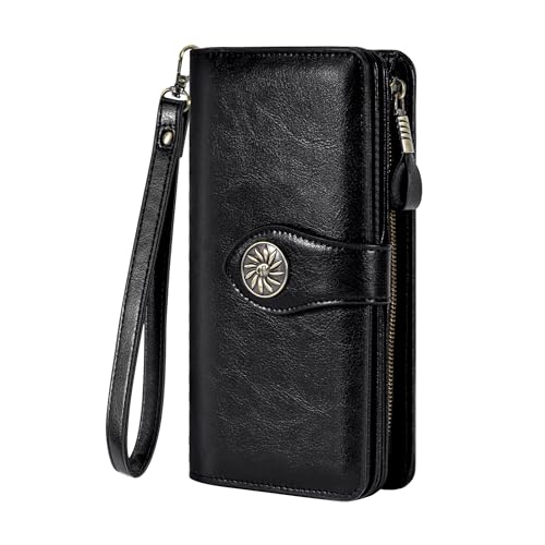 Travelambo Womens Wallet RFID Blocking Large Capacity Clutch Leather Wristlet Long Purse Multi Card Organizer(Black)