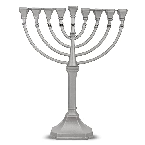 Traditional Classic Hanukkah Menorah - 9.5' Tall Graceful Style Candle Minorah Precision Die Cast Non Tarnish (Satin Silver) by Zion Judaica