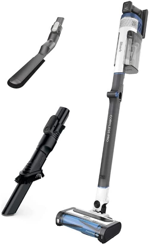 Shark UZ565H Pro Cordless Vacuum w/ Clean Sense IQ & MultiFLEX Technology, PowerFins Plus Brushroll, Duster Crevice Tool & Anti-Allergen Dusting Brush, Up to 40 Minute Runtime, White/Blue (Renewed)