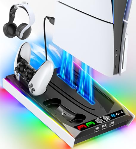 PS5 Stand for PS5 Slim Disc/PS5 Disc & Digital, 3-Level Cooling Station and RGB LED with Controller Charger for PS5 Controller, Playstation 5 Skins with 3 Charging Ports (Not Fit PS5 Slim Digital)
