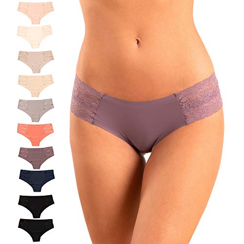 Pretty Sweet Intimates Women’s Laser Cut Cheeky Bikini Underwear, Pack of 10, Seamless and No Show with Lace