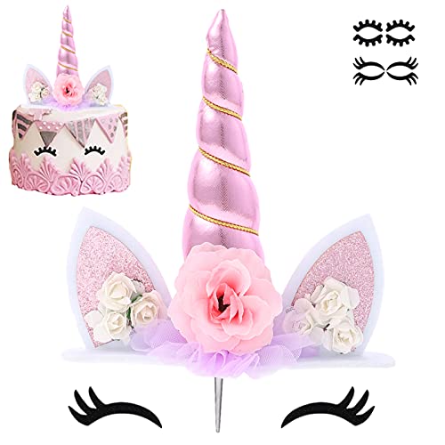 Unicorn Cake Topper Unicorn Birthday Party Supplies Unicorn Cake Decoration Pink Unicorn Horn Cake Topper Unicorn Birthday Decorations for Girls First Birthday Cake Topper with Eyelashes, 5.8 Inch