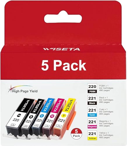 Wiseta PGI-220 CLI-221 Compatible Ink Cartridge Replacement for Canon 221 220 Ink Cartridges PGI220 CLI221 to use with MP560 MP620 MP640 MX860 MX870 MP980 MP990 iP3600 iP4600 iP4700 (2B1C1M1Y, 5 Pack)