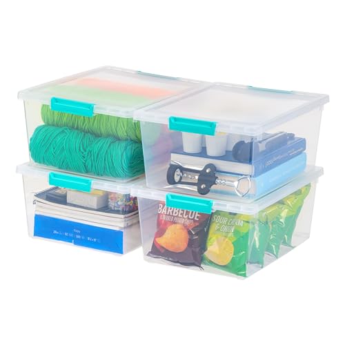 IRIS USA 12 Qt. Large Deep Clip Box, 4 Pack, Clear Plastic Storage Container Bins with Latching Lids, Organizer Solution for Home, Office and Classroom, Stackable Nestable, Seafoam Blue Buckles