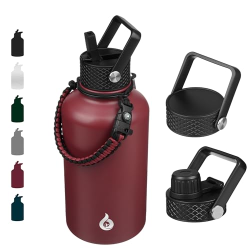 BJPKPK Half Gallon Insulated Water Bottles with Straw Lid, 64oz Large, Stainless Steel with 3 Lids and Paracord Handle for Hot & Cold Liquid, Brick Red