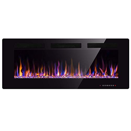 50' Electric Fireplace in-Wall Recessed and Wall Mounted 1500W Fireplace Heater and Linear Fireplace with Timer/Multicolor Flames/Touch Screen/Remote Control (Black)