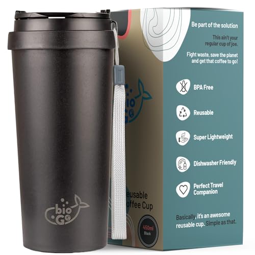 bioGo 16oz Cup, Rice Husk Fibre, BPA-Free, Double Wall Insulation Reusable Coffee Cups, On-The-Go Travel Mug, Screw Tight Lid, Textured Grip, Ultra Lightweight (Midnight Black, 16oz)