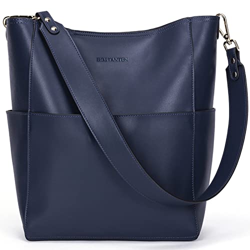 BOSTANTEN Women's Leather Designer Handbags Tote Purses Shoulder Bucket Bag Navy Blue
