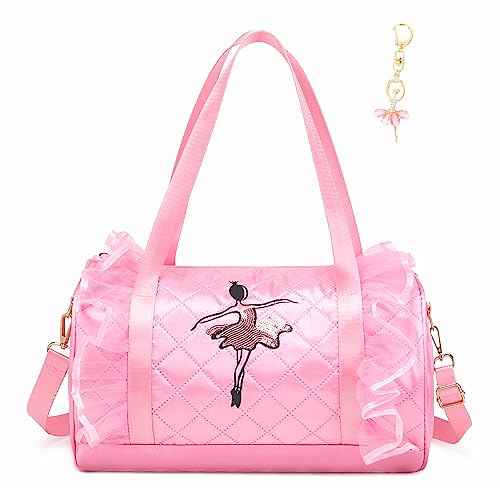 Dorlubel Cute Ballet Dance Bag Gym Travel Duffle Bag for Girls Tutu Dress Bag with Key Chain for Girls (Pink3 of Long Mesh)