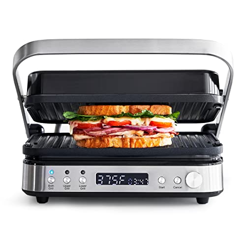 GreenPan Electric Indoor Stainless Steel 6-in-1 Contact Grill and Griddle, Healthy Ceramic Nonstick, Dishwasher Safe Reversible Plates, PFAS-Free, Sandwich Panini Press, Gourmet, Dual Temperature