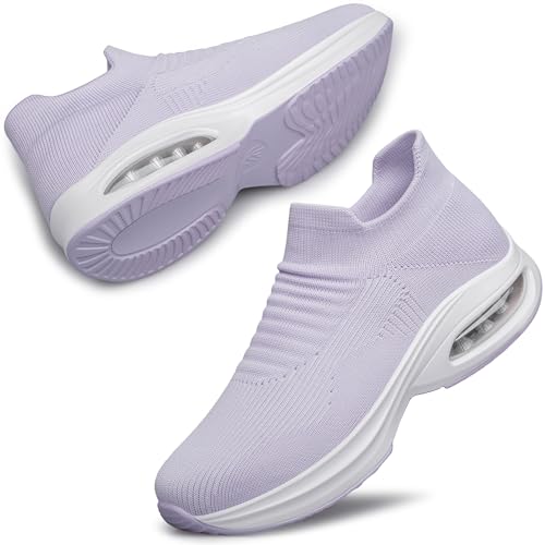 DOUSSPRT Womens Walking Shoes Sock Casual Ladies Fashion Sneakers Comfortable Slip On Air Cushion Platform Lightpurple 8