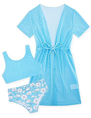 AIDEAONE Girls Bikini Set Blue Swimsuit Flowers Swimwear 3 Piece Cute Bathing Suit with Kimono for Vacation Size 7-8