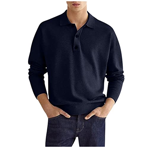 Solid Color Lapel T Shirt for Men, Men's Long Sleeve 1/4 Buttons Loose Fit Pullover Blouse Dressy Casual Plain Tops Navy