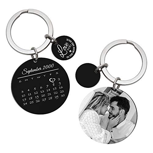 Round Photo Engraved Personalized Date Love U to the Moon & Back Round dog tag Keychain