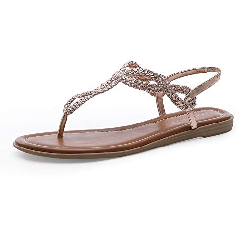 CentroPoint Women's Braided T-strap Thong Slip On Flat Sandals With Elastic Brand Roman Gladiator Fashion Flip Flop Shoes(Rose Gold, Numeric_8)