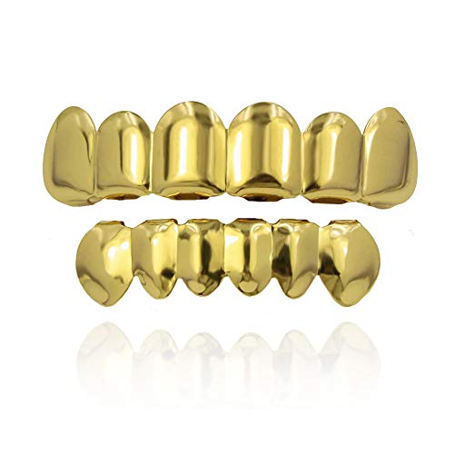 TOPGRILLZ 18K Gold Plated Hip Hop Custom Fit Teeth Grillz Set Caps with 4 Silicon Molding Bars (Gold 6 Fangs)