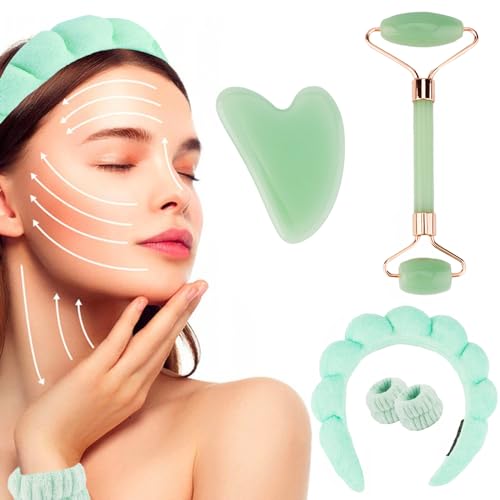KICOSY Jade Roller and Gua Sha Set for Women, SPA Headband Wristband for Girls, Facial Beauty Roller Skincare Tools for Face Relaxing Relieve Wrinkles Natural Jade Stone Guasha Tool for Body SPA
