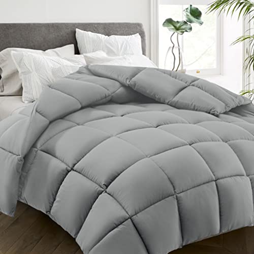 HYLEORY All Season Queen Size Bed Comforter - Cooling Down Alternative Quilted Duvet Insert with Corner Tabs - Winter Warm - Machine Washable - Light Grey