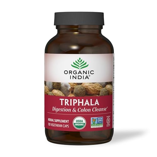 Organic India Triphala Capsules Herbal Supplement - Immune System Support, USDA Certified Organic Triphala Powder, Non-GMO - 180 Capsules